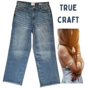 TRUE CRAFT High Rise Relaxed Wide Leg Raw Hem Denim Blue Jeans - Women's 6
